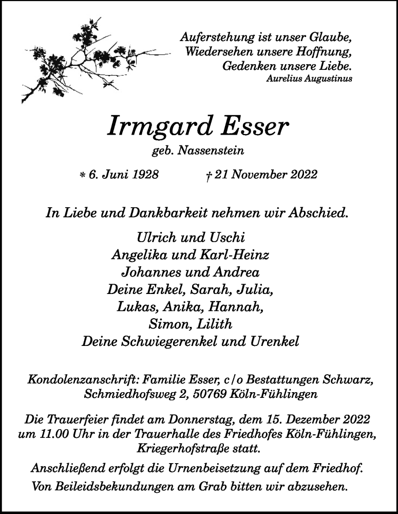  Traueranzeige für Irmgard Esser vom 10.12.2022 aus Kölner Stadt-Anzeiger / Kölnische Rundschau / Express