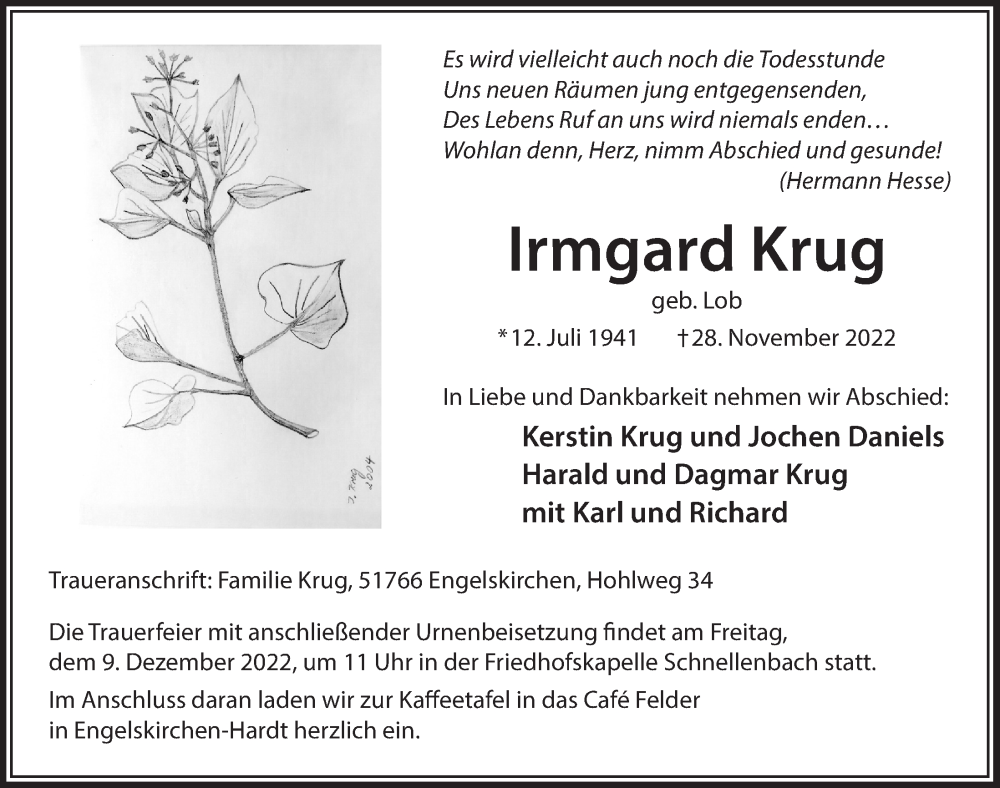  Traueranzeige für Irmgard Krug vom 02.12.2022 aus  Anzeigen Echo 
