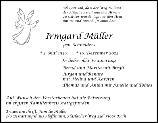 Anzeige von Irmgard Müller von Kölner Stadt-Anzeiger / Kölnische Rundschau / Express