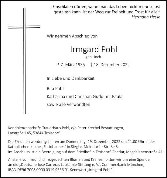 Anzeige von Irmgard Pohl von Kölner Stadt-Anzeiger / Kölnische Rundschau / Express