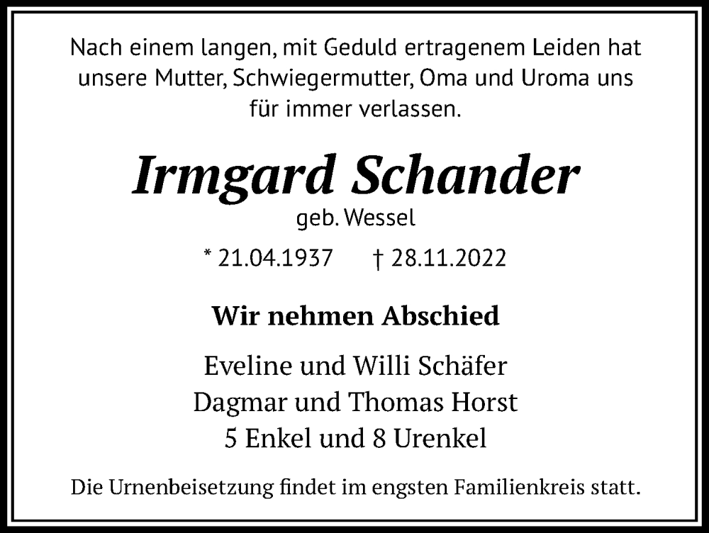  Traueranzeige für Irmgard Schander vom 03.12.2022 aus Kölner Stadt-Anzeiger / Kölnische Rundschau / Express