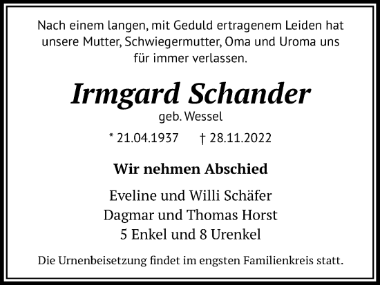 Anzeige von Irmgard Schander von Kölner Stadt-Anzeiger / Kölnische Rundschau / Express