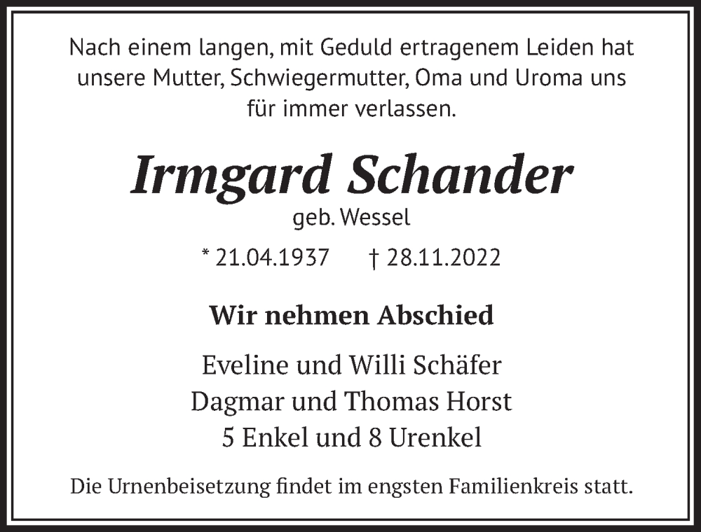  Traueranzeige für Irmgard Schander vom 02.12.2022 aus  Werbepost 