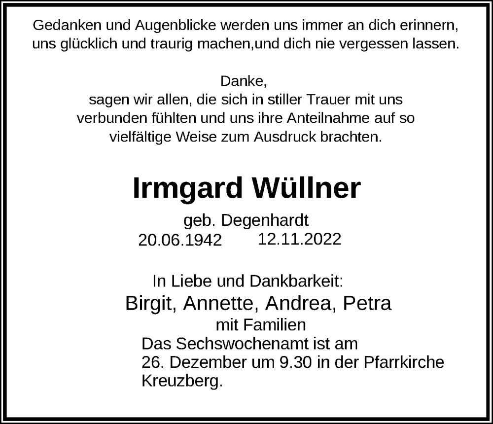  Traueranzeige für Irmgard Wüllner vom 17.12.2022 aus Kölner Stadt-Anzeiger / Kölnische Rundschau / Express