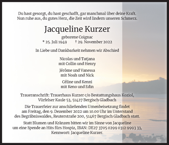 Anzeige von Jacqueline Kurzer von Kölner Stadt-Anzeiger / Kölnische Rundschau / Express