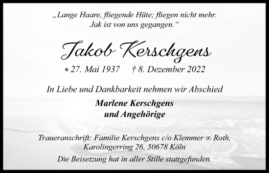 Anzeige von Jakob Kerschgens von Kölner Stadt-Anzeiger / Kölnische Rundschau / Express