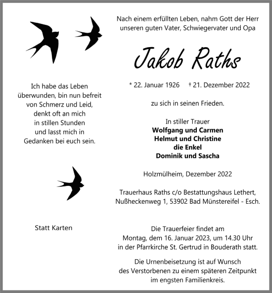 Anzeige von Jakob Raths von  Blickpunkt Euskirchen 