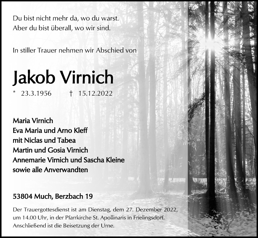  Traueranzeige für Jakob Virnich vom 24.12.2022 aus Kölner Stadt-Anzeiger / Kölnische Rundschau / Express