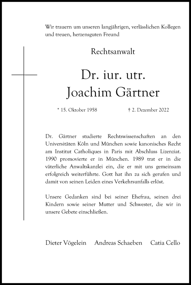  Traueranzeige für Joachim Gärtner vom 10.12.2022 aus Kölner Stadt-Anzeiger / Kölnische Rundschau / Express