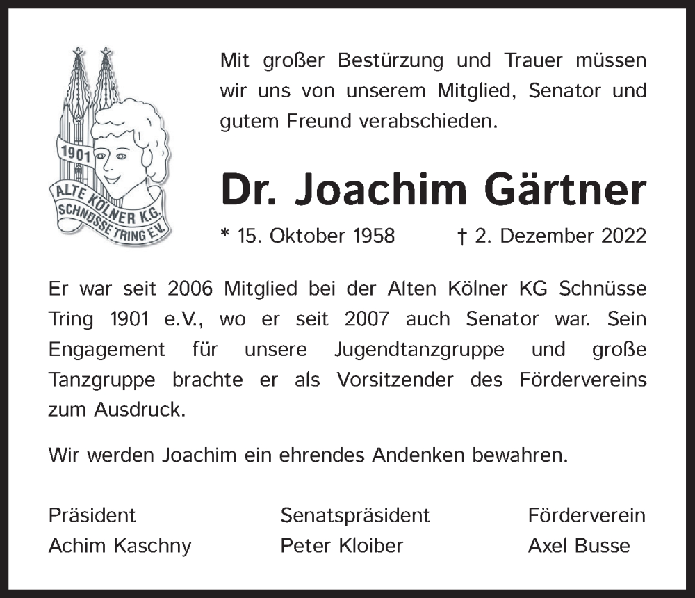  Traueranzeige für Joachim Gärtner vom 10.12.2022 aus Kölner Stadt-Anzeiger / Kölnische Rundschau / Express