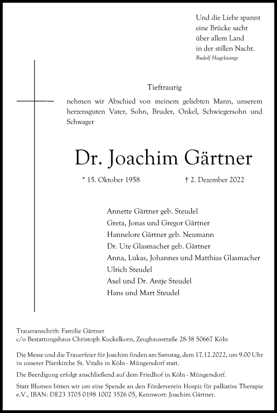 Anzeige von Joachim Gärtner von Kölner Stadt-Anzeiger / Kölnische Rundschau / Express