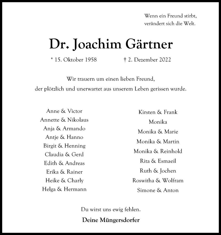  Traueranzeige für Joachim Gärtner vom 10.12.2022 aus Kölner Stadt-Anzeiger / Kölnische Rundschau / Express