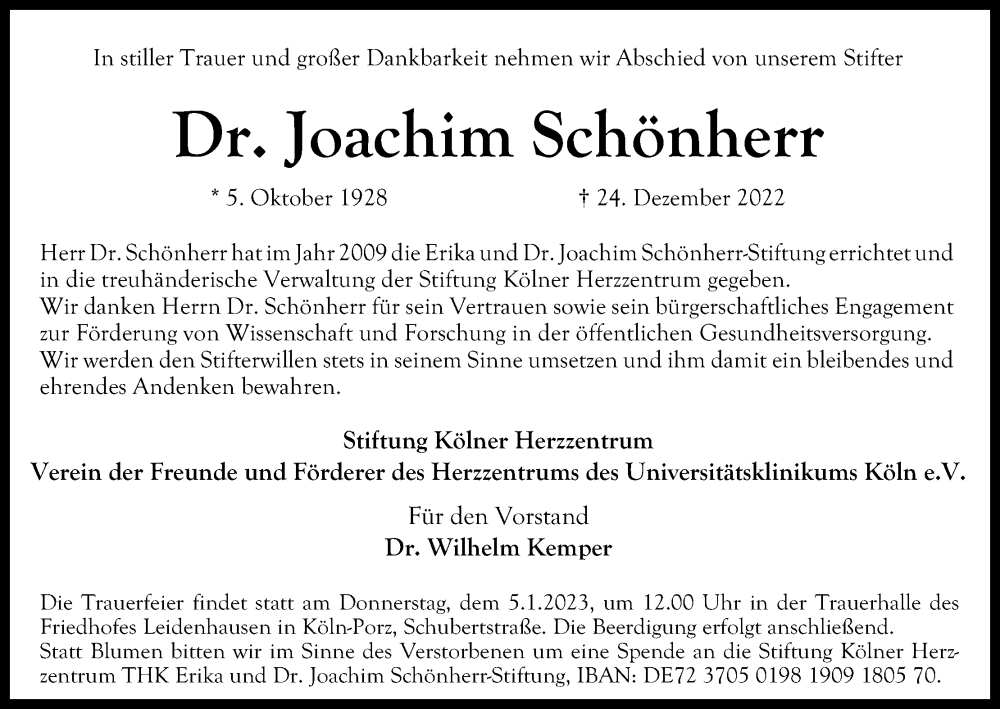  Traueranzeige für Joachim Schönherr vom 31.12.2022 aus Kölner Stadt-Anzeiger / Kölnische Rundschau / Express