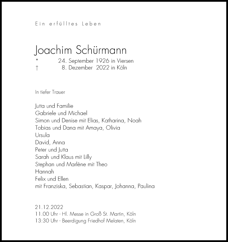  Traueranzeige für Joachim Schürmann vom 17.12.2022 aus Kölner Stadt-Anzeiger / Kölnische Rundschau / Express