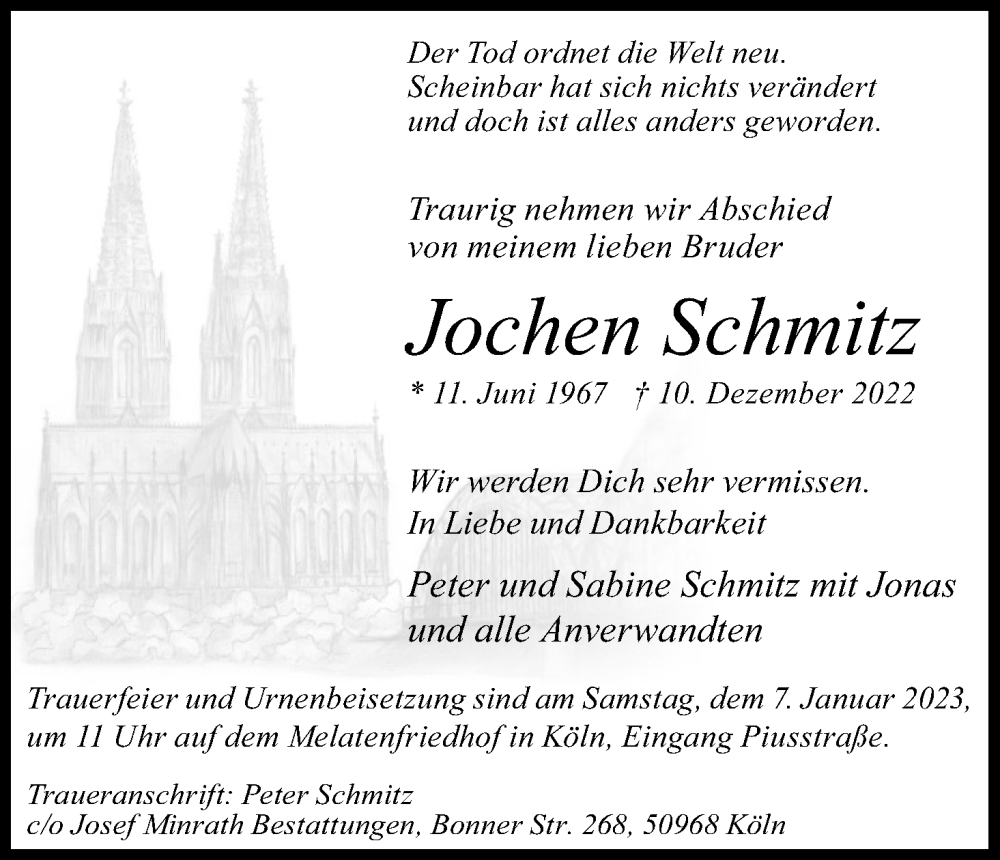  Traueranzeige für Jochen Schmitz vom 24.12.2022 aus Kölner Stadt-Anzeiger / Kölnische Rundschau / Express