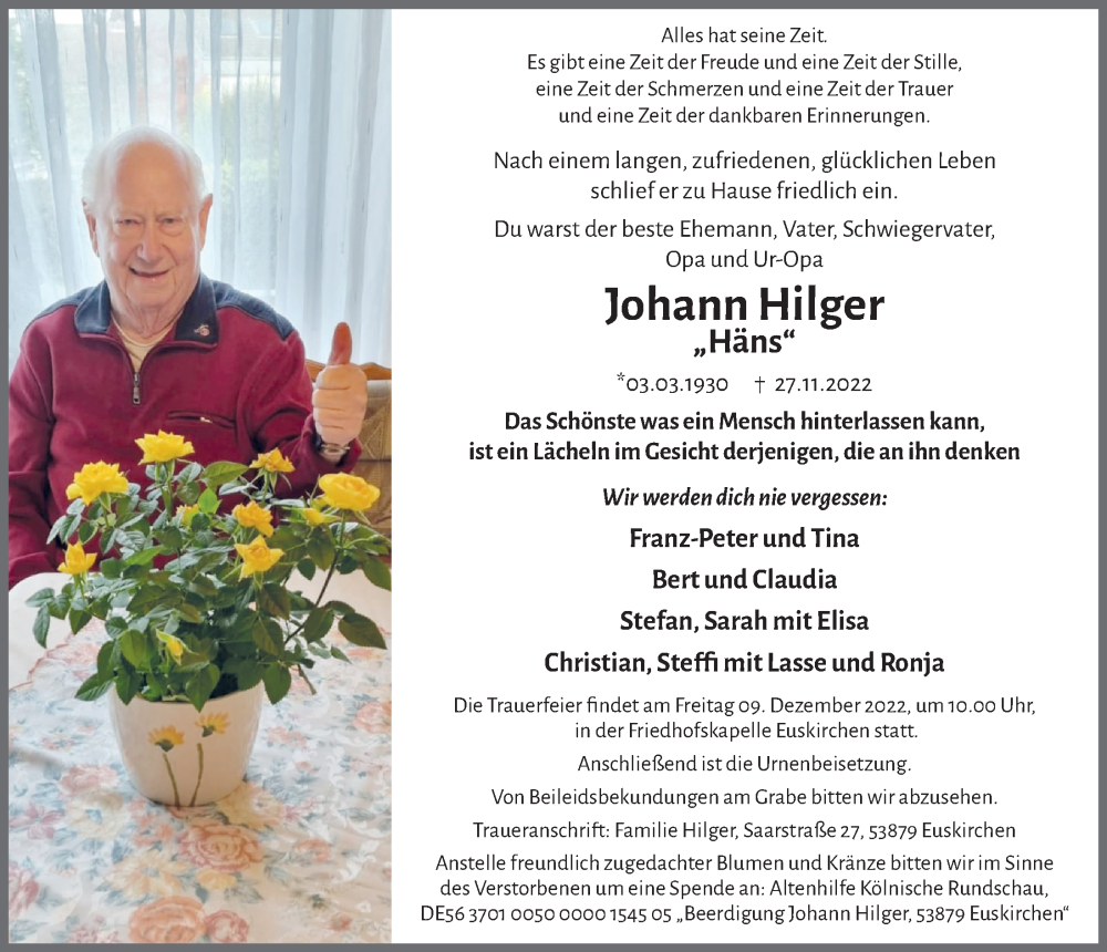  Traueranzeige für Johann Hilger vom 03.12.2022 aus  Blickpunkt Euskirchen 