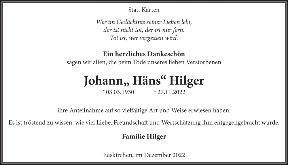  Traueranzeige für Johann Hilger vom 10.12.2022 aus  Blickpunkt Euskirchen 