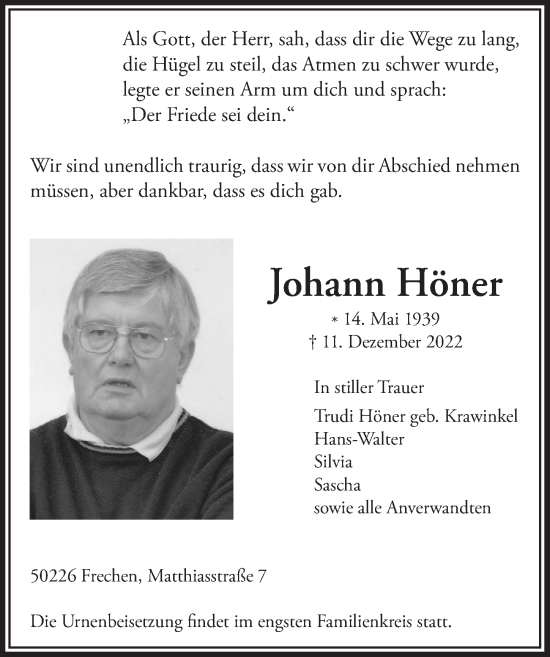 Anzeige von Johann Höner von  Wochenende 