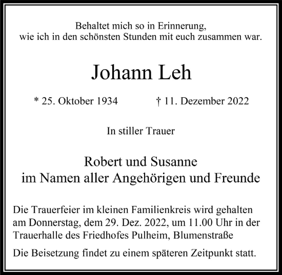 Anzeige von Johann Leh von  Wochenende 