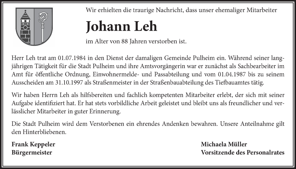  Traueranzeige für Johann Leh vom 29.12.2022 aus  Wochenende 