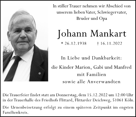 Anzeige von Johann Mankart von Kölner Stadt-Anzeiger / Kölnische Rundschau / Express