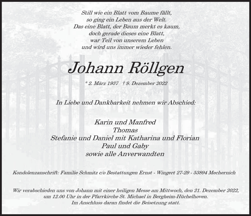  Traueranzeige für Johann Röllgen vom 17.12.2022 aus  Blickpunkt Euskirchen 