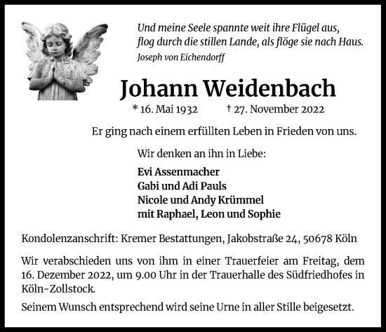 Anzeige von Johann Weidenbach von Kölner Stadt-Anzeiger / Kölnische Rundschau / Express