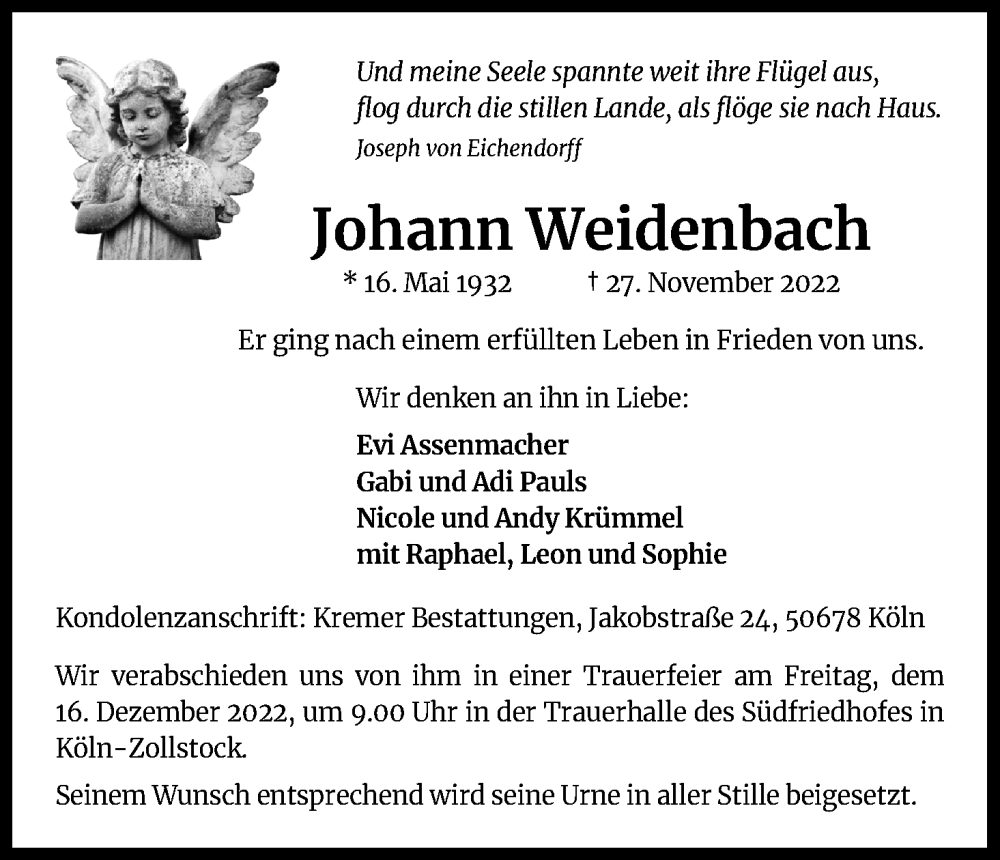  Traueranzeige für Johann Weidenbach vom 10.12.2022 aus Kölner Stadt-Anzeiger / Kölnische Rundschau / Express