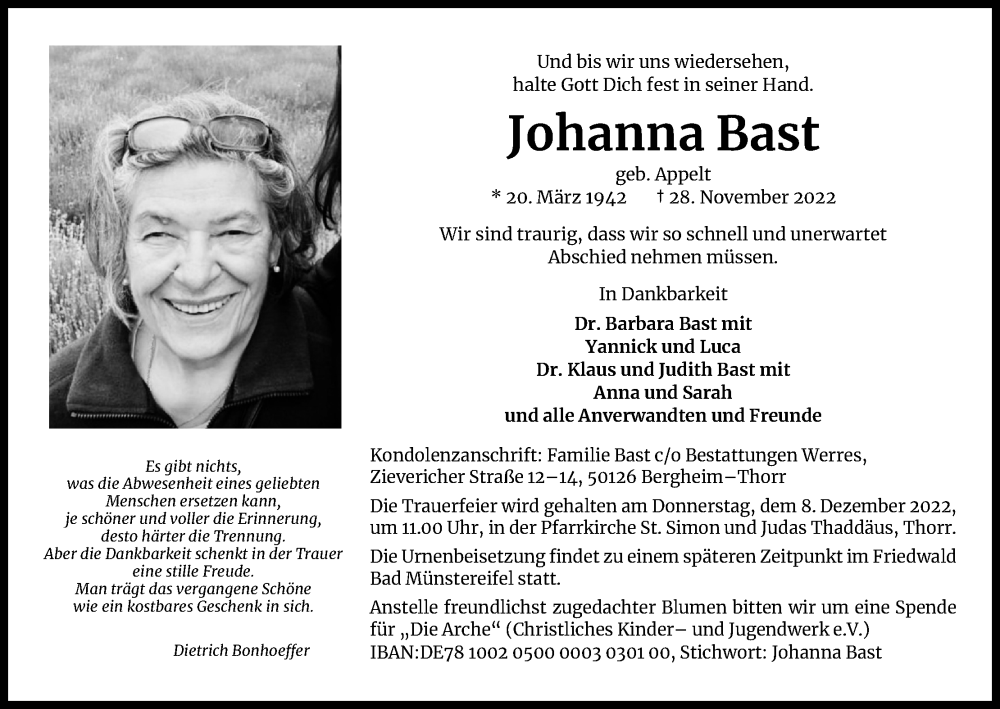  Traueranzeige für Johanna Bast vom 02.12.2022 aus Kölner Stadt-Anzeiger / Kölnische Rundschau / Express