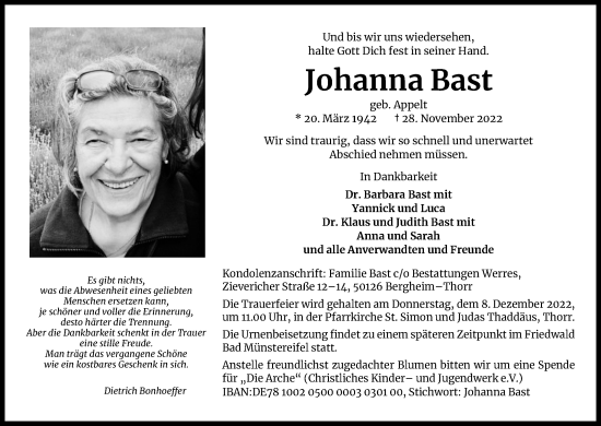 Anzeige von Johanna Bast von Kölner Stadt-Anzeiger / Kölnische Rundschau / Express