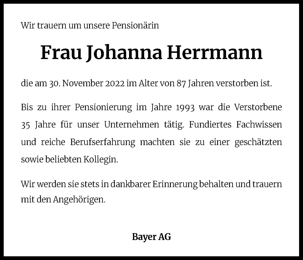  Traueranzeige für Johanna Herrmann vom 17.12.2022 aus Kölner Stadt-Anzeiger / Kölnische Rundschau / Express