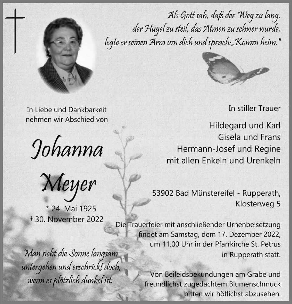  Traueranzeige für Johanna Meyer vom 10.12.2022 aus  Blickpunkt Euskirchen 
