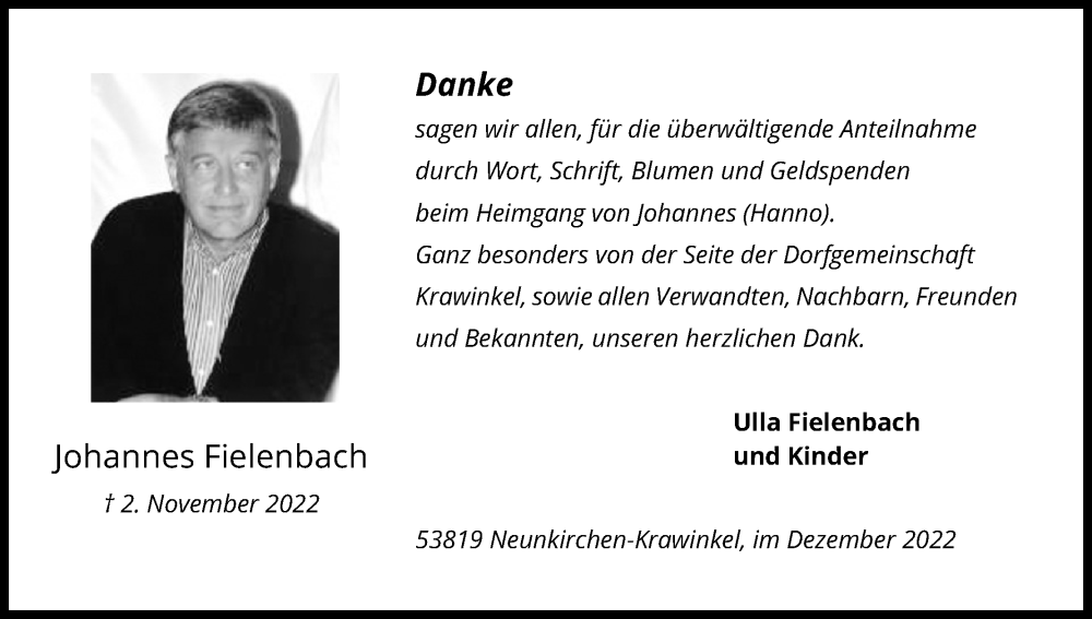  Traueranzeige für Johannes Fielenbach vom 17.12.2022 aus Kölner Stadt-Anzeiger / Kölnische Rundschau / Express