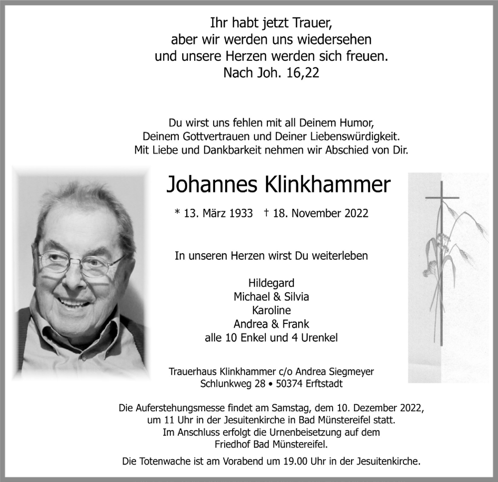  Traueranzeige für Johannes Klinkhammer vom 03.12.2022 aus  Blickpunkt Euskirchen 