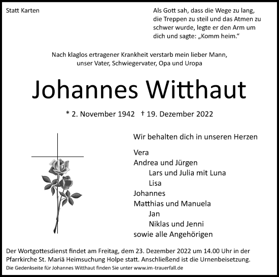 Anzeige von Johannes Witthaut von Kölner Stadt-Anzeiger / Kölnische Rundschau / Express
