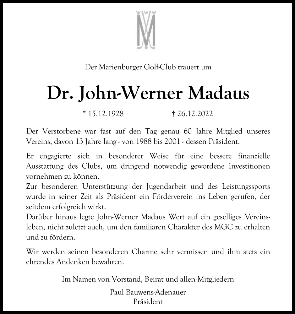  Traueranzeige für John-Werner Madaus vom 31.12.2022 aus Kölner Stadt-Anzeiger / Kölnische Rundschau / Express