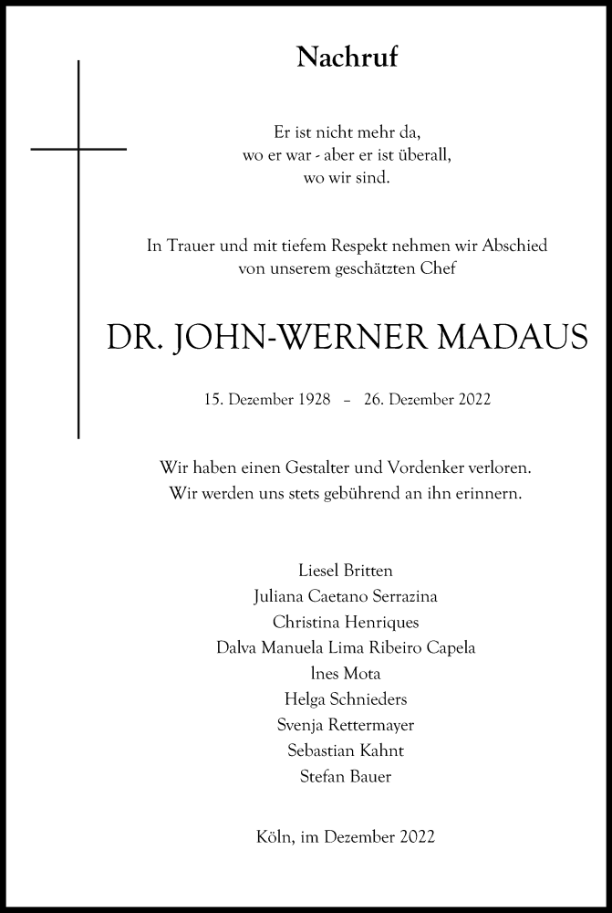  Traueranzeige für John-Werner Madaus vom 31.12.2022 aus Kölner Stadt-Anzeiger / Kölnische Rundschau / Express
