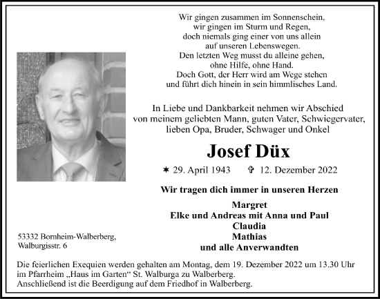 Anzeige von Josef Düx von  Schaufenster/Blickpunkt  Schlossbote/Werbekurier 