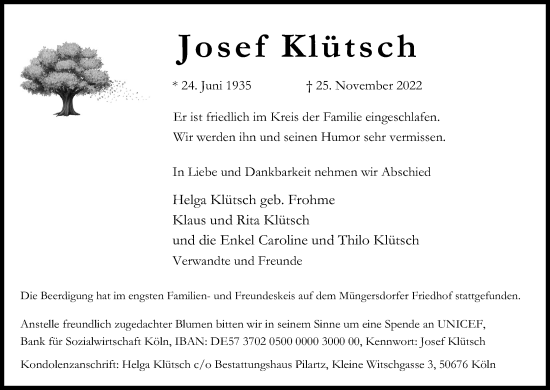 Anzeige von Josef Klütsch von Kölner Stadt-Anzeiger / Kölnische Rundschau / Express