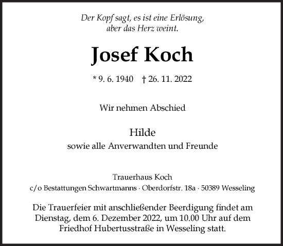 Anzeige von Josef Koch von  Schlossbote/Werbekurier 