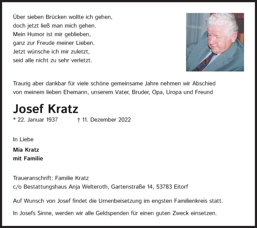  Traueranzeige für Josef Kratz vom 17.12.2022 aus Kölner Stadt-Anzeiger / Kölnische Rundschau / Express