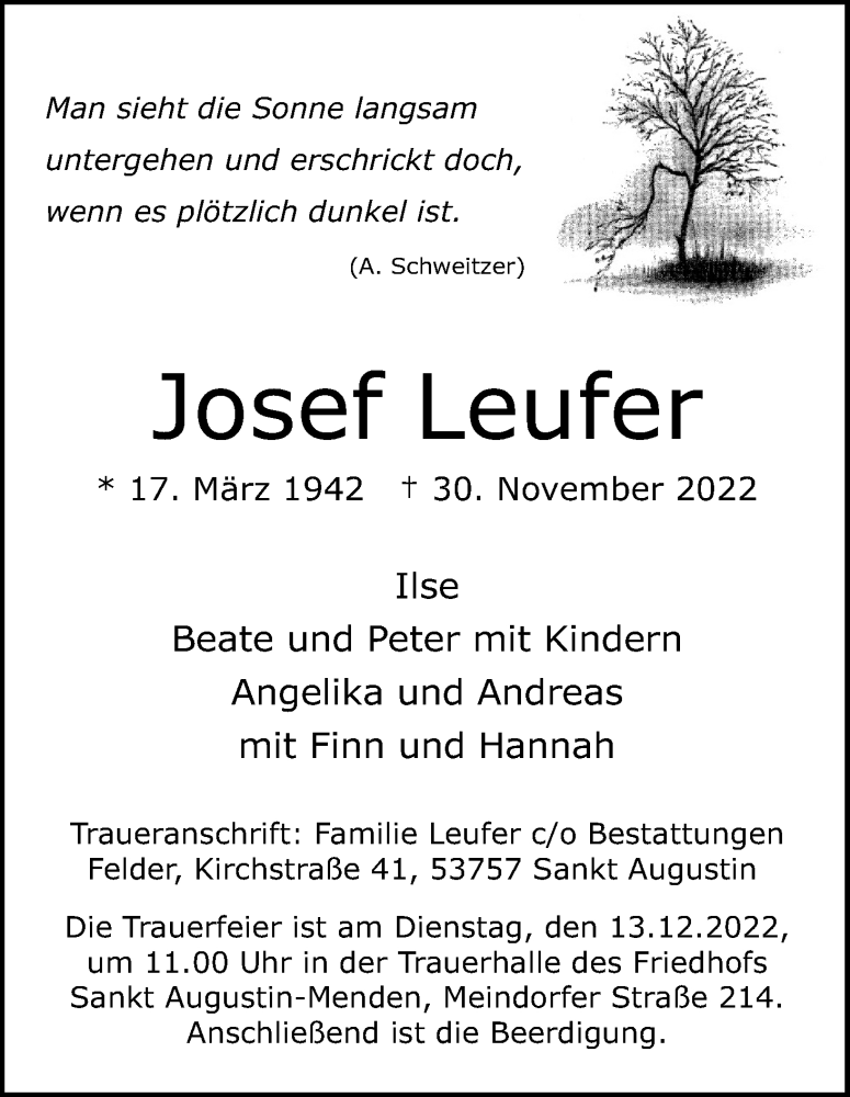  Traueranzeige für Josef Leufer vom 07.12.2022 aus Kölner Stadt-Anzeiger / Kölnische Rundschau / Express