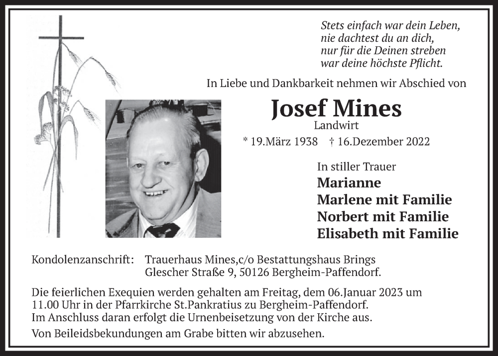  Traueranzeige für Josef Mines vom 29.12.2022 aus  Werbepost 