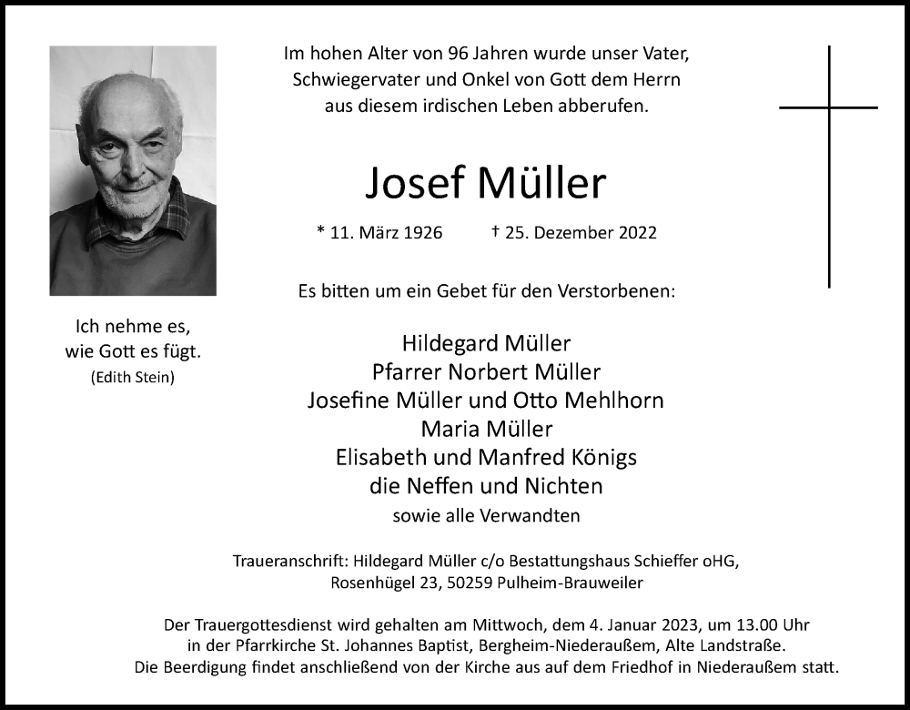  Traueranzeige für Josef Müller vom 31.12.2022 aus Kölner Stadt-Anzeiger / Kölnische Rundschau / Express