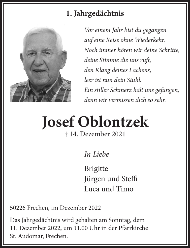  Traueranzeige für Josef Oblontzek vom 02.12.2022 aus  Wochenende 