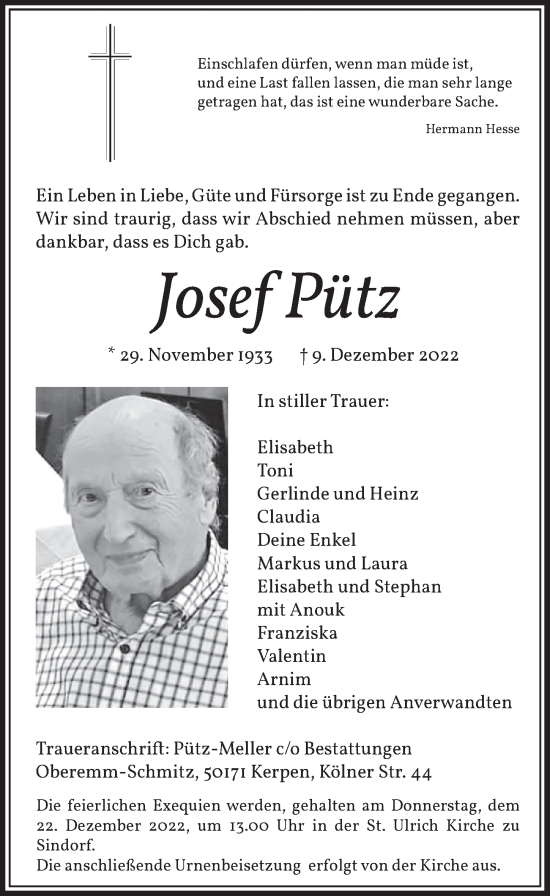 Anzeige von Josef Pütz von  Werbepost 
