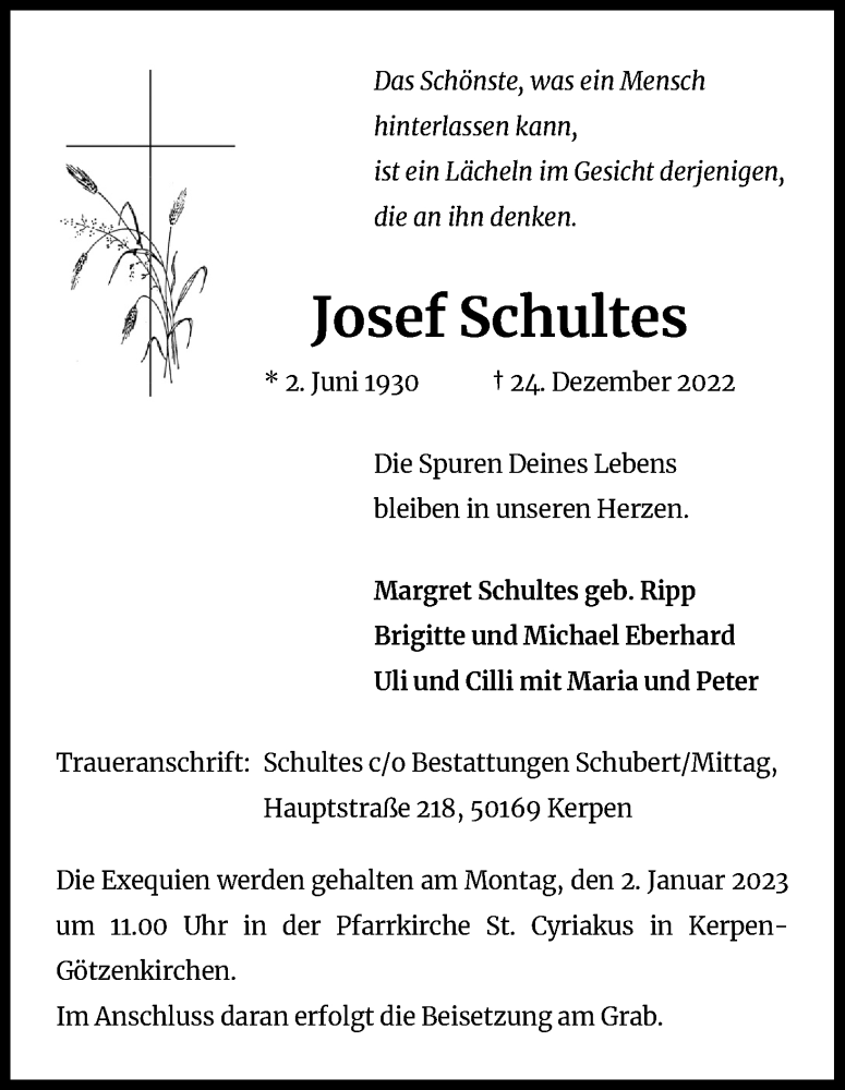  Traueranzeige für Josef Schultes vom 31.12.2022 aus Kölner Stadt-Anzeiger / Kölnische Rundschau / Express
