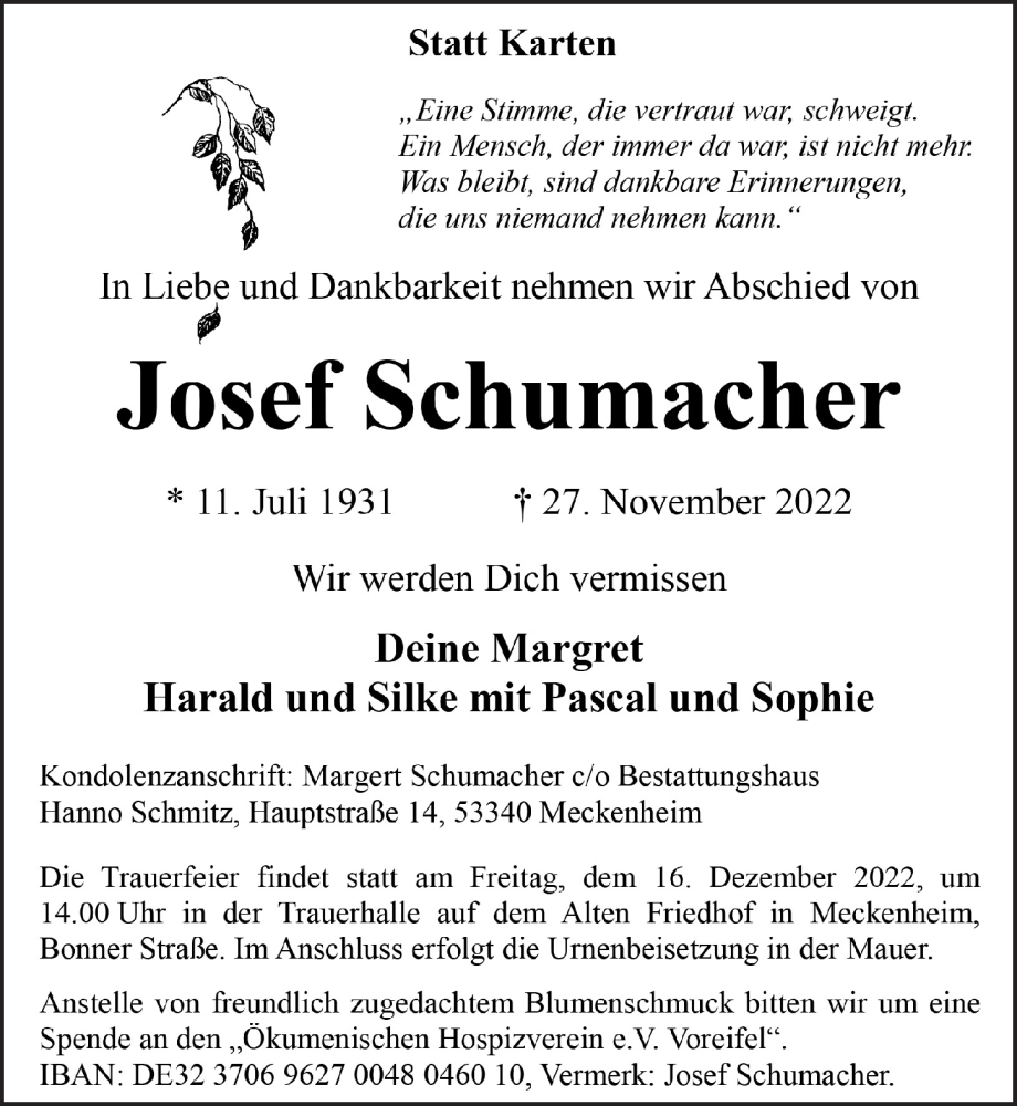  Traueranzeige für Josef Schumacher vom 09.12.2022 aus  Schaufenster/Blickpunkt 
