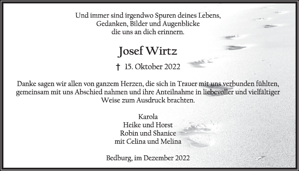  Traueranzeige für Josef Wirtz vom 16.12.2022 aus  Werbepost 