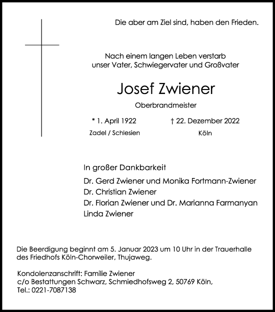 Anzeige von Josef Zwiener von Kölner Stadt-Anzeiger / Kölnische Rundschau / Express
